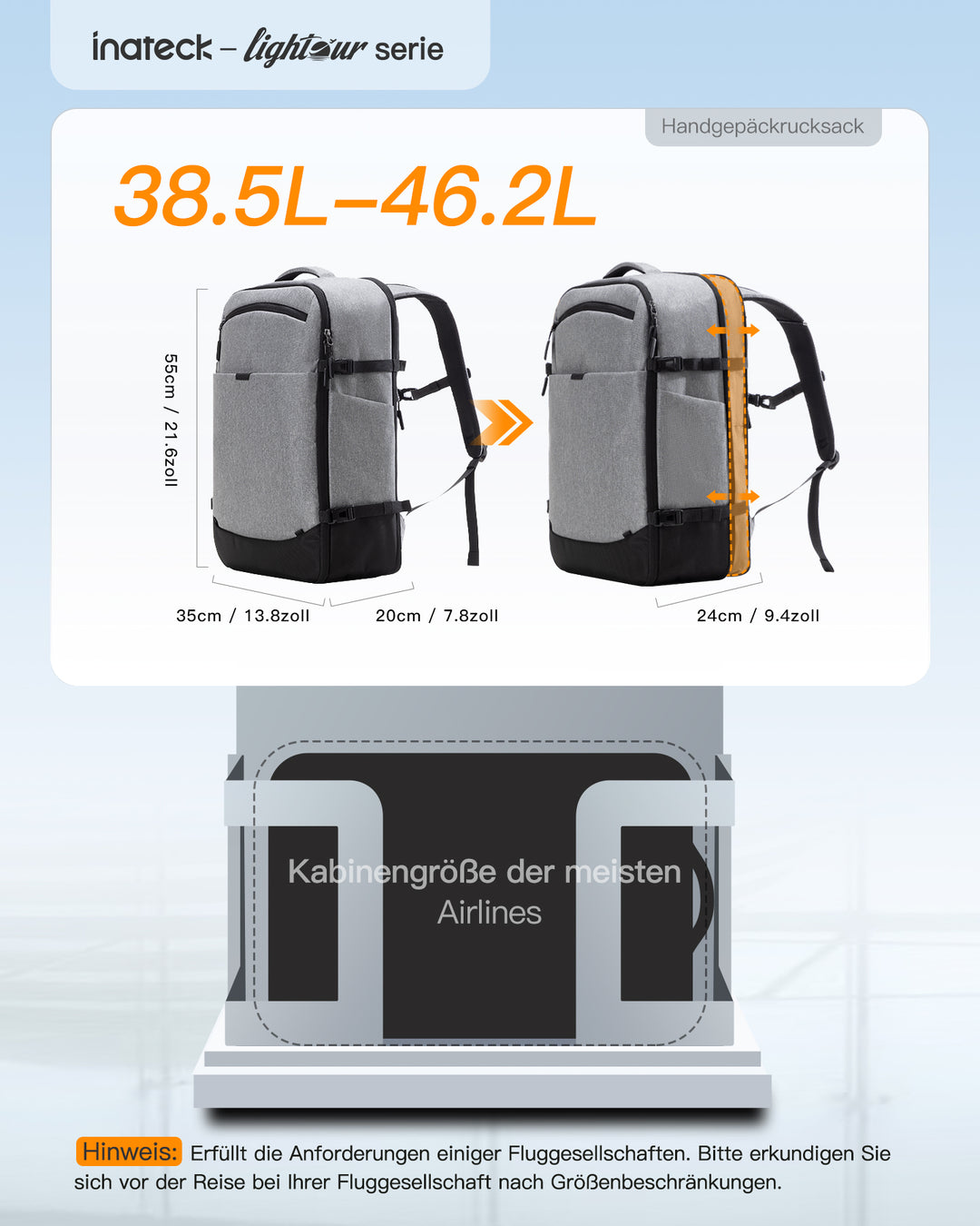 inateck DE 20-46L Reiserucksack, erweiterbarer Tragerucksack, BP03006
