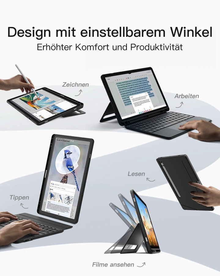 inateck DE Hülle für Samsung Galaxy Tab S10 FE/S9 FE/S9, Hoch-/Querformat Ständer Tastatur mit Touchpad, N0064