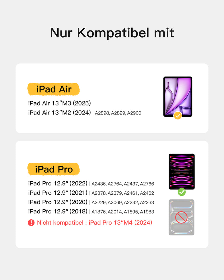 inateck DE Magnetisches Tastatur für iPad Air 13" M3/M2 (2025/2024), iPad Air 6, iPad Pro 12.9" 6/5/4/3, QWERTZ, KB09118