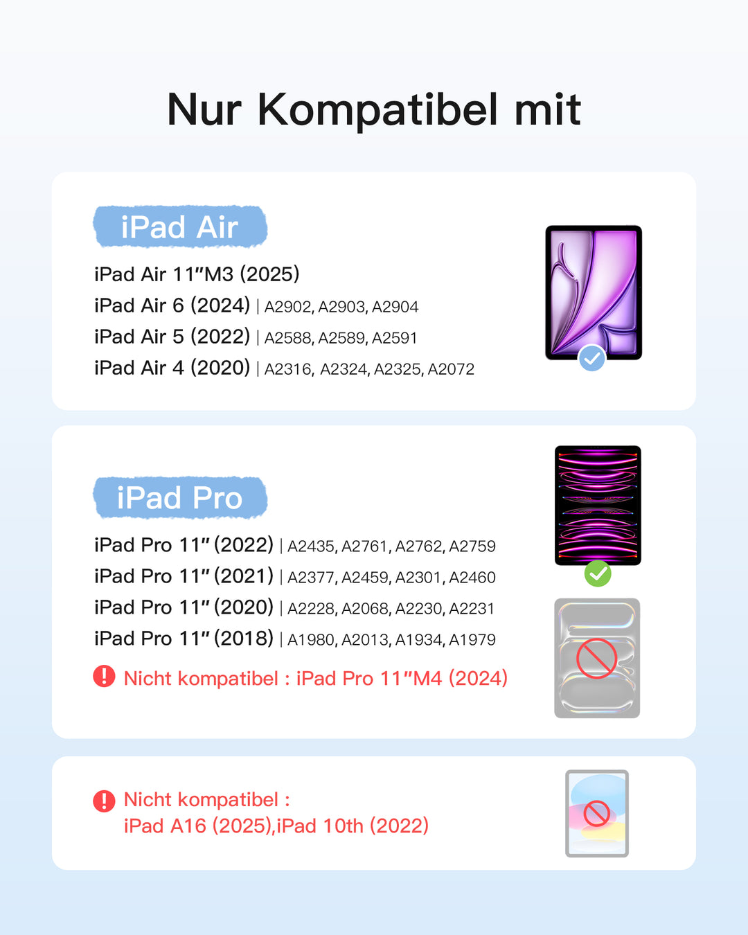 inateck DE Abnehmbare Tastatur für iPad Air 11" M3/M2 (2025/2024), iPad Air 6/5/4, iPad Pro 11" 4/3/2/1, QWERTZ, KB04111