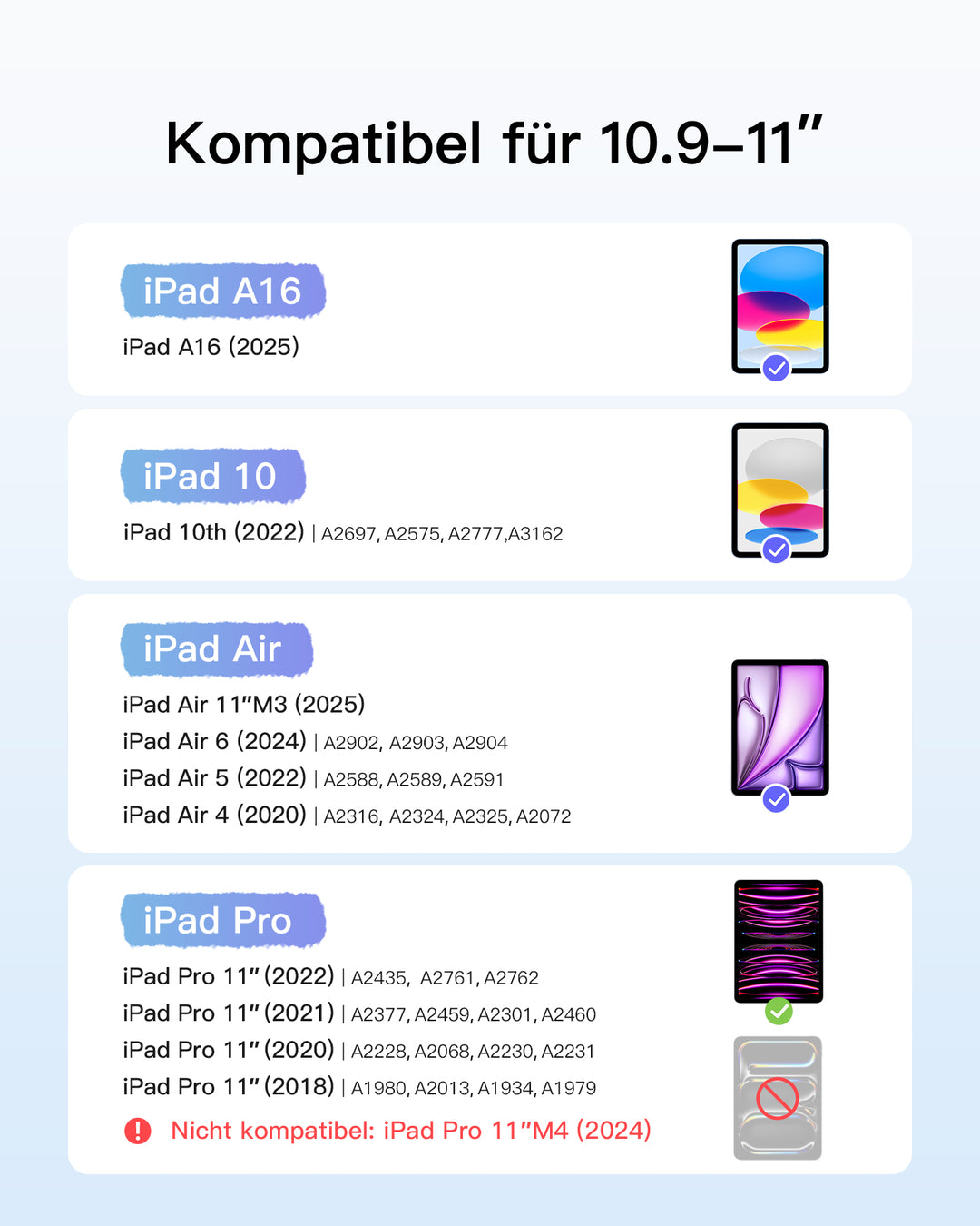 inateck DE Ultraleicht Tastatur für iPad 11" (A16 2025), iPad 10, iPad Air 11" M3/M2 (2025/2024), iPad Air 7/6/5/4, iPad Pro 11" 4/