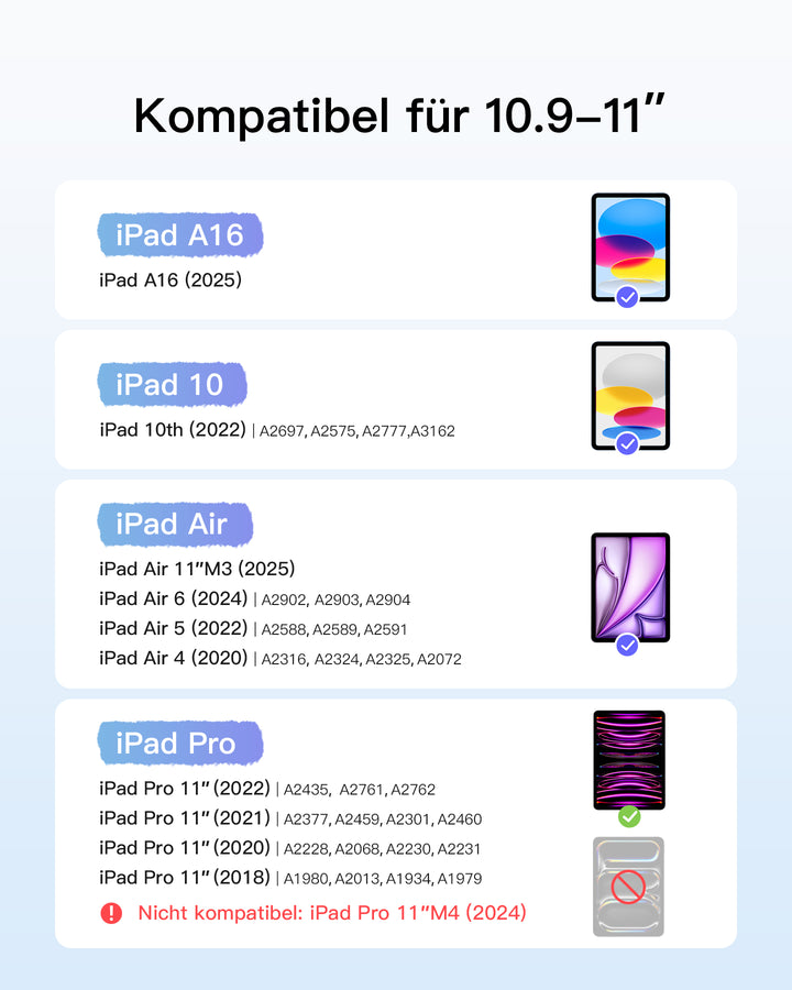 inateck DE Ultraleicht Tastatur für iPad 11" (A16 2025), iPad 10, iPad Air 11" M3/M2 (2025/2024), iPad Air 7/6/5/4, iPad Pro 11" 4/