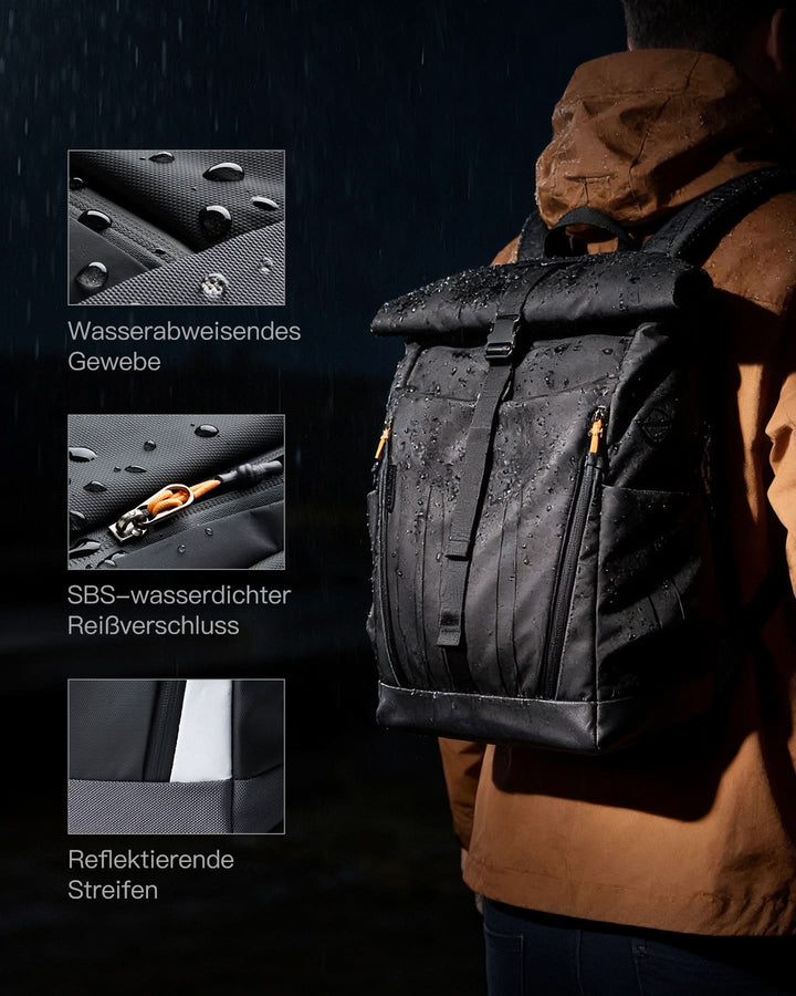 inateck DE Inateck Laptop RollTop Rucksack Herren Damen 25L, Spritzwassergeschützt Schulrucksack Reiserucksack Stylische Tagesrucks