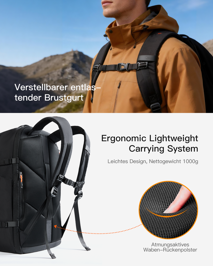 Leichter 38.5-46 L Reiserucksack erweiterbarer, Spritzwassergeschützt Travel Backpack für 16 Zoll Laptop, BPX35
