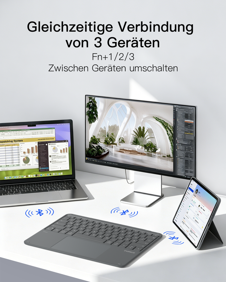 Inateck Bluetooth Tastatur mit 5,9 Zoll großem Touchpad, QWERTZ, 3 Kanäle, iPad/Tablet/Windows, KB105
