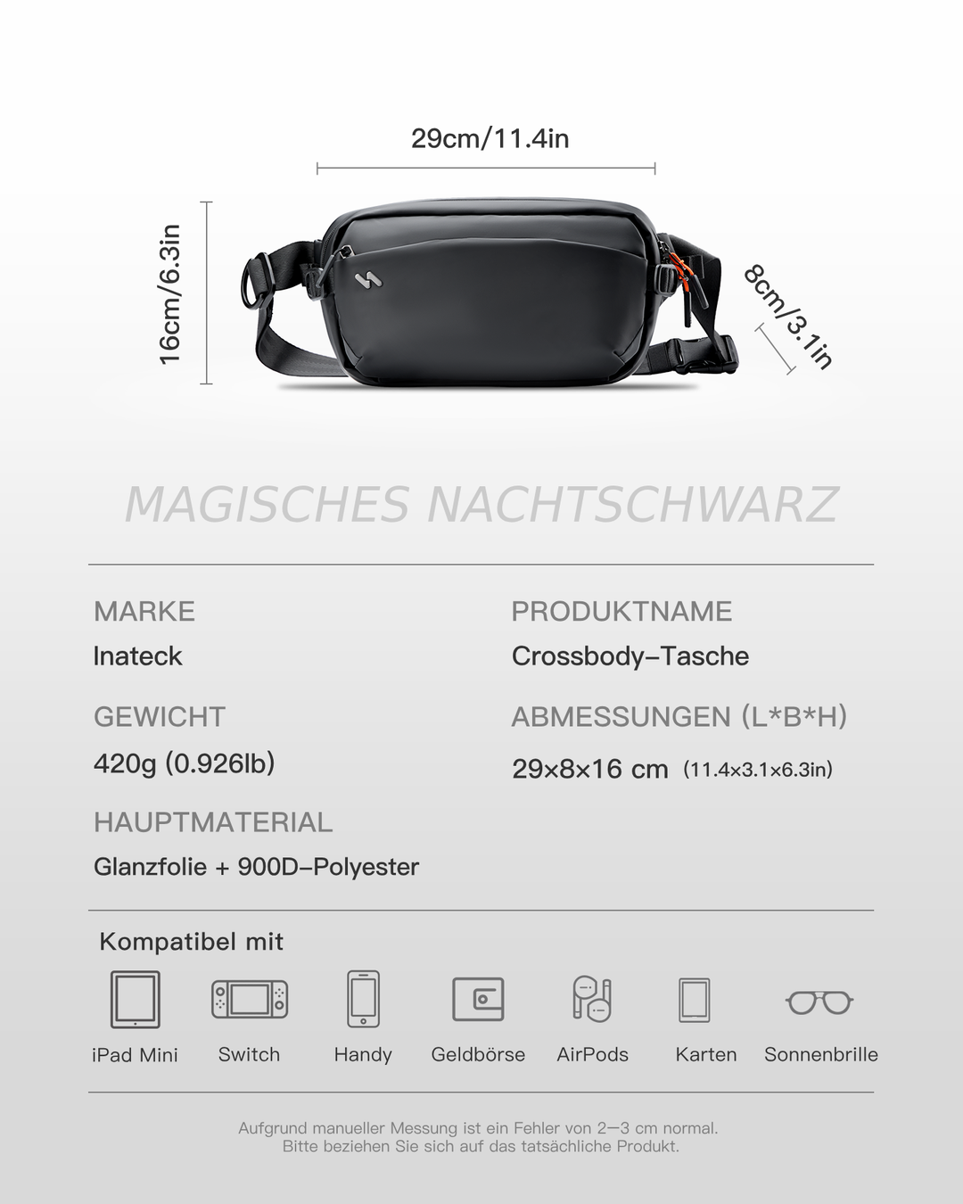 Inateck Sling Bag Umhängetasche wasserabweisend, Crossbody Schultertasche mit RFID-Schutz, FBX23