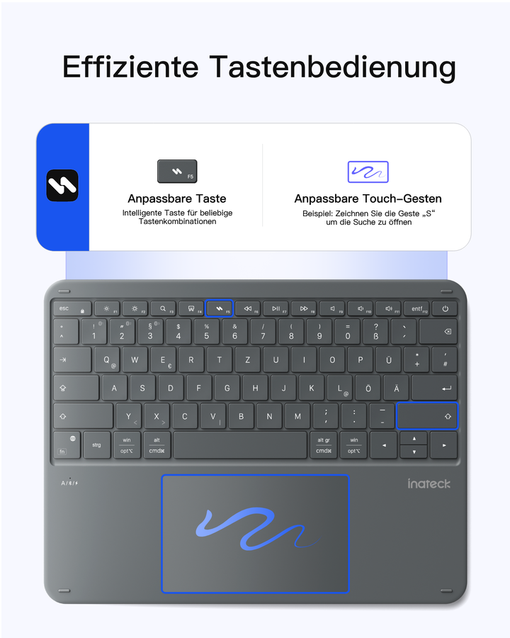 Inateck Bluetooth Tastatur mit 5,9 Zoll großem Touchpad, QWERTZ, 3 Kanäle, iPad/Tablet/Windows, KB105