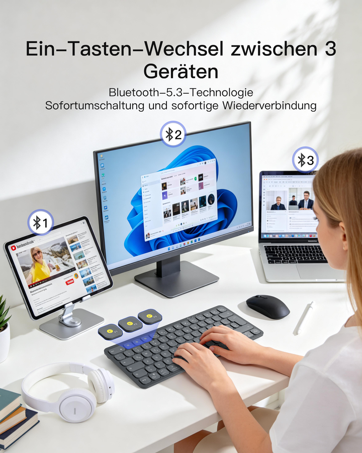 Bluetooth Tastatur Kabellose, QWERTZ für iPad Pro/Air/Mini/Windows/MacOS/Android, Ergonomisches mit KI Key,KB107