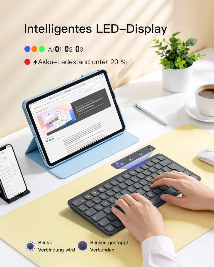 Bluetooth Tastatur Kabellose, QWERTZ für iPad Pro/Air/Mini/Windows/MacOS/Android, Ergonomisches mit KI Key,KB107