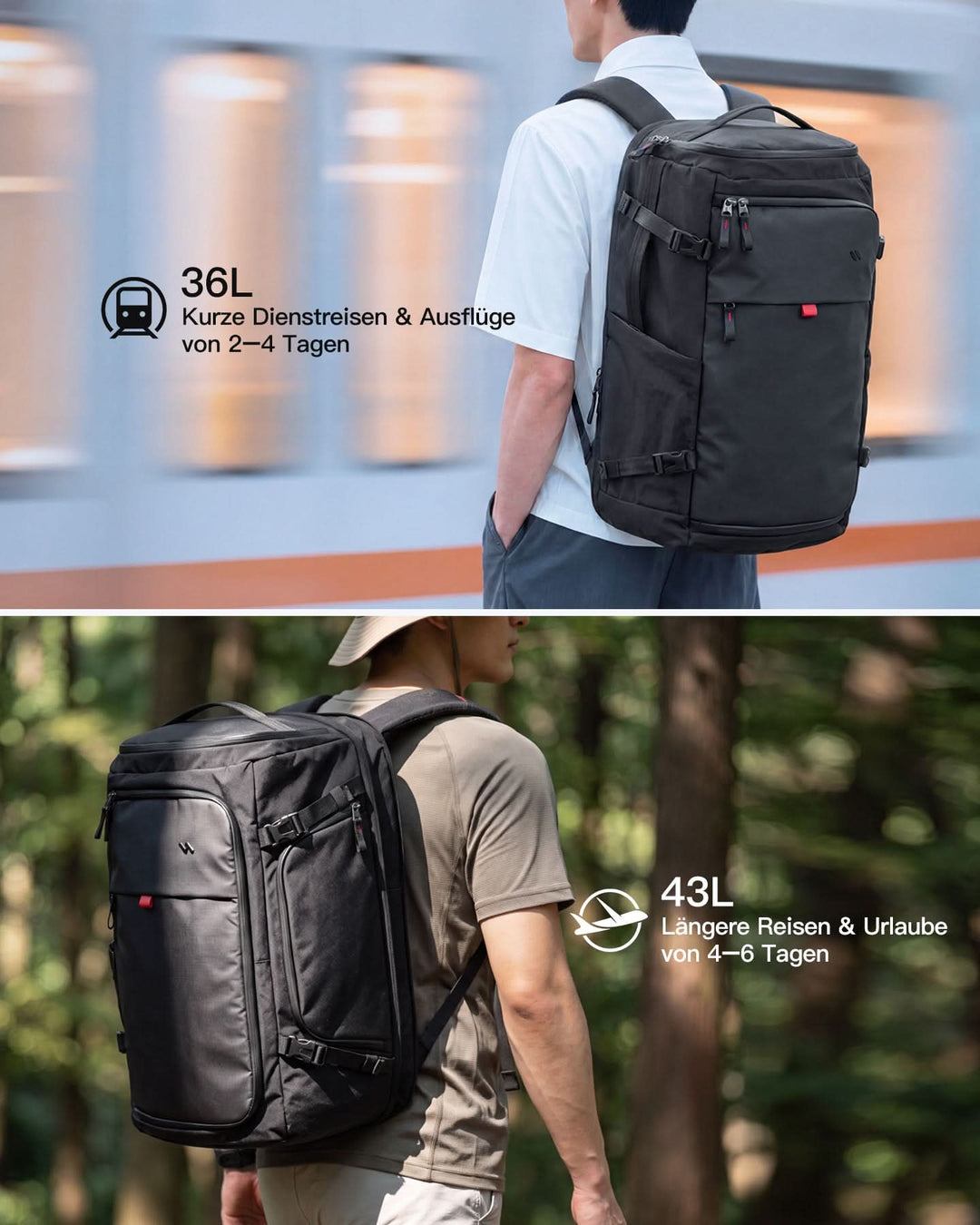 Leichter Reiserucksack 36-43L erweiterbar, TSA freundlicher Travel Laptop Backpack für Herren Damen, BPX36