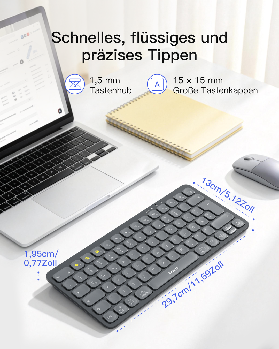 Bluetooth Tastatur Kabellose, QWERTZ für iPad Pro/Air/Mini/Windows/MacOS/Android, Ergonomisches mit KI Key,KB107