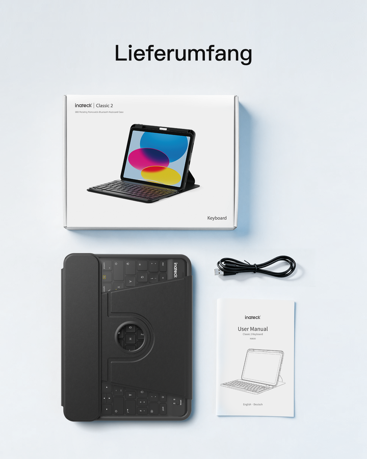 Inateck Tastaturhülle für iPad 11 (A16)/10. Gen, 360° drehbar, abnehmbare QWERTZ Tastatur, KB005
