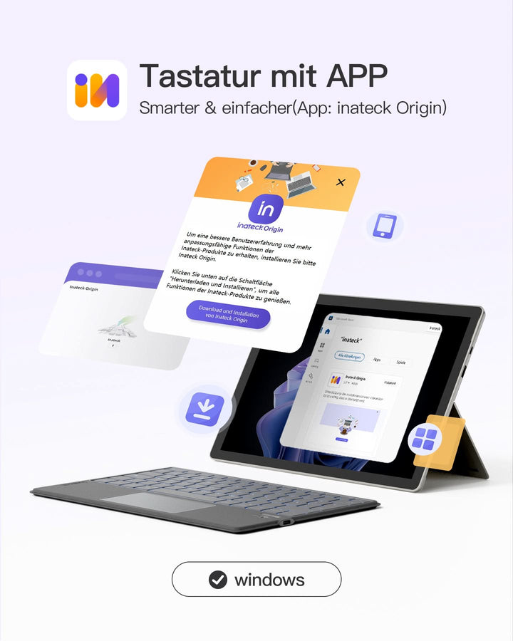 inateck DE KI-Funktion Tablet Tastatur, Unterstützt Windows, iPad OS, Android, iOS, QWERTZ, KB01104