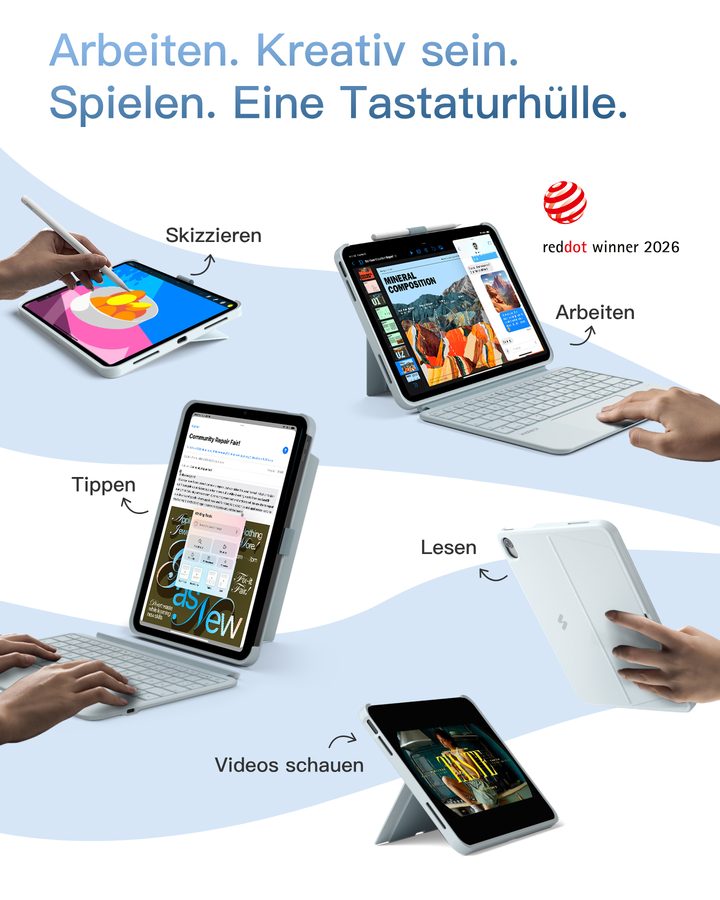 Inateck Abnehmbar Hülle mit Tastatur für iPad Air 11 Zoll(2026/2025/2024), iPad Air 5/4,für iPad Pro 11 Zoll, QWERTZ, AceTouch Pro, KB403-11A | Red Dot Design Award 2026