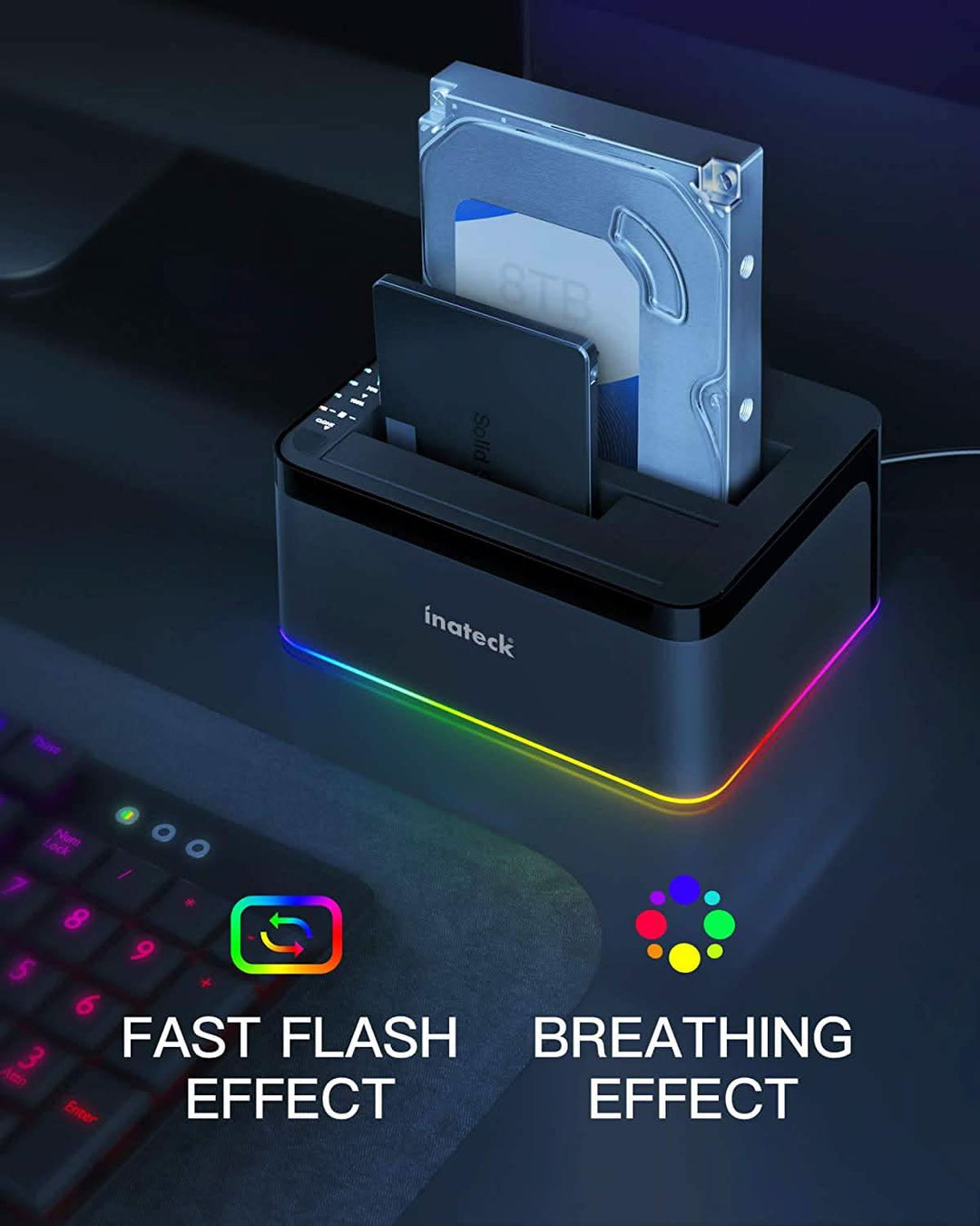 RGB Festplatten Dockingstation USB 3.0 mit Offline-Klonfunktion, für 2.5 u. 3.5 Zoll SATA HDDs und SSDs, UASP Unterstützt SA02003, Schwarz - Inateck Official DE